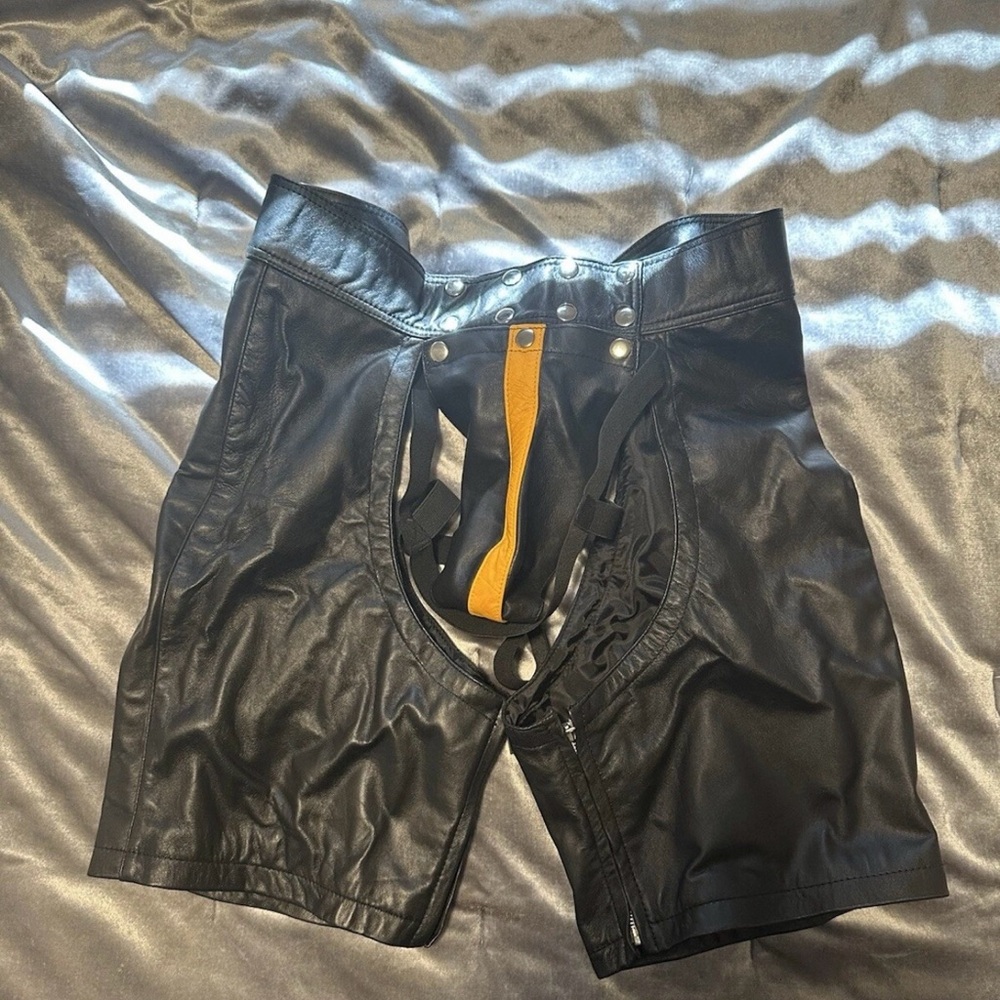 Black and Orange Leather Chaps - Picture 2 of 6